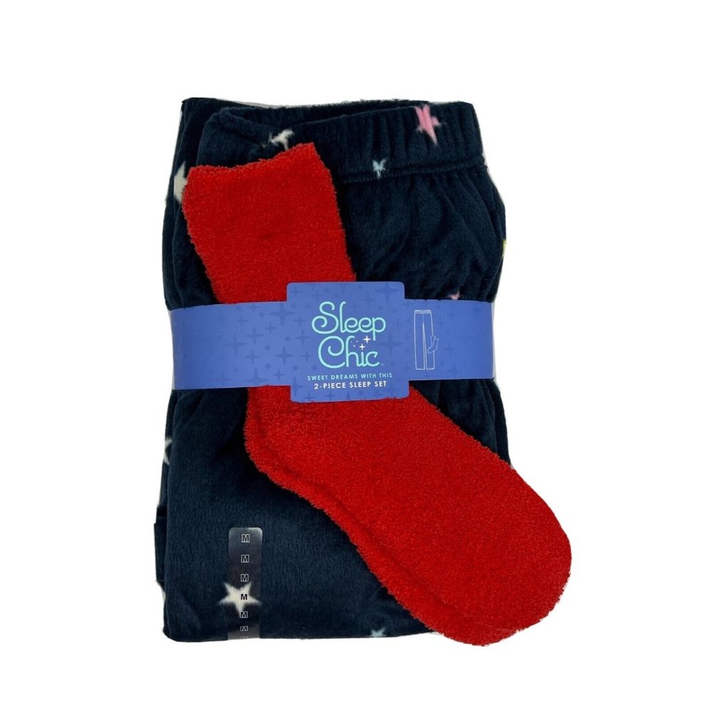 NWT Sleep Chic 2 Piece Set Women's Fleece Pants and Socks size M Blue Red Stars